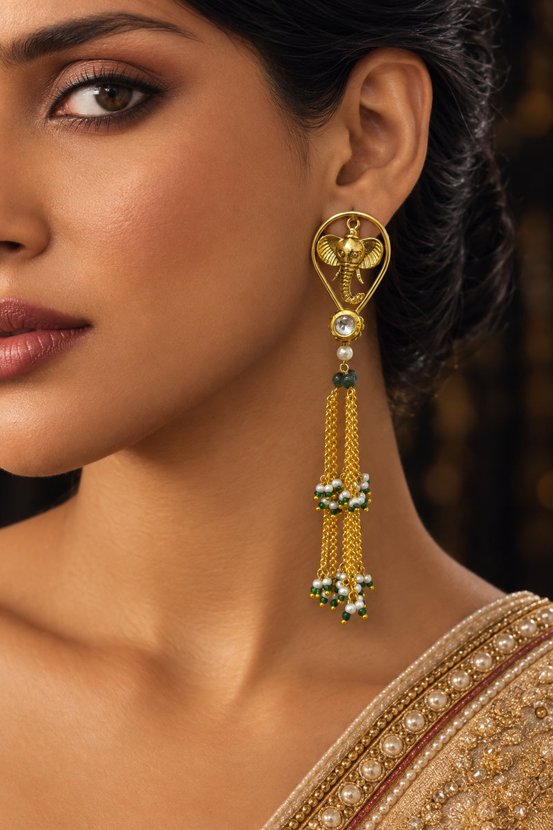 Ethnic Gold Plated Green & White Pearls Dangler Earrings