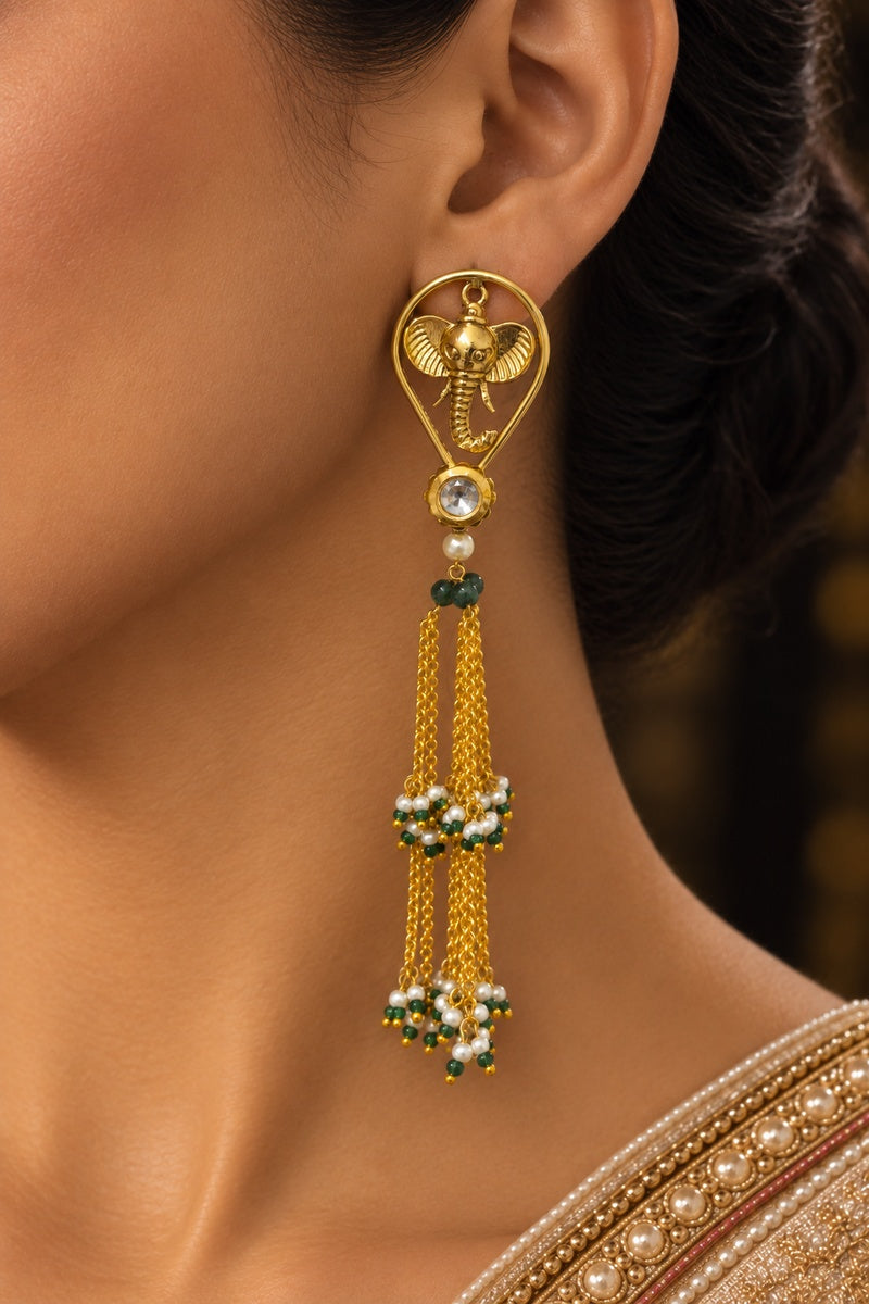 Ethnic Gold Plated Green & White Pearls Dangler Earrings