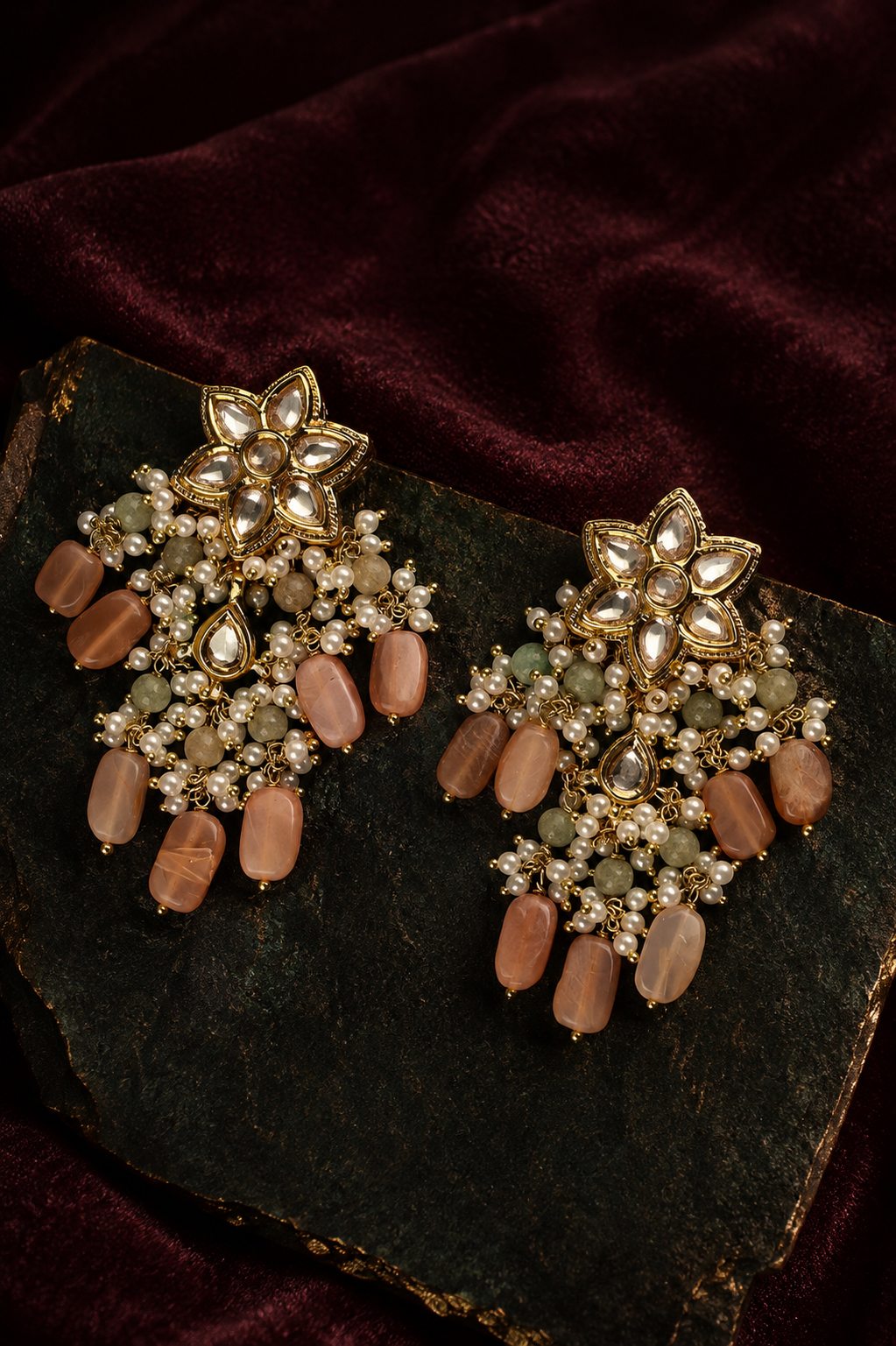 Pink Moonstone Green Jade Flower Kundan Earrings