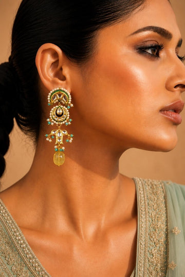 Turqoise Yellow Citrine Chand Kundan Earrings