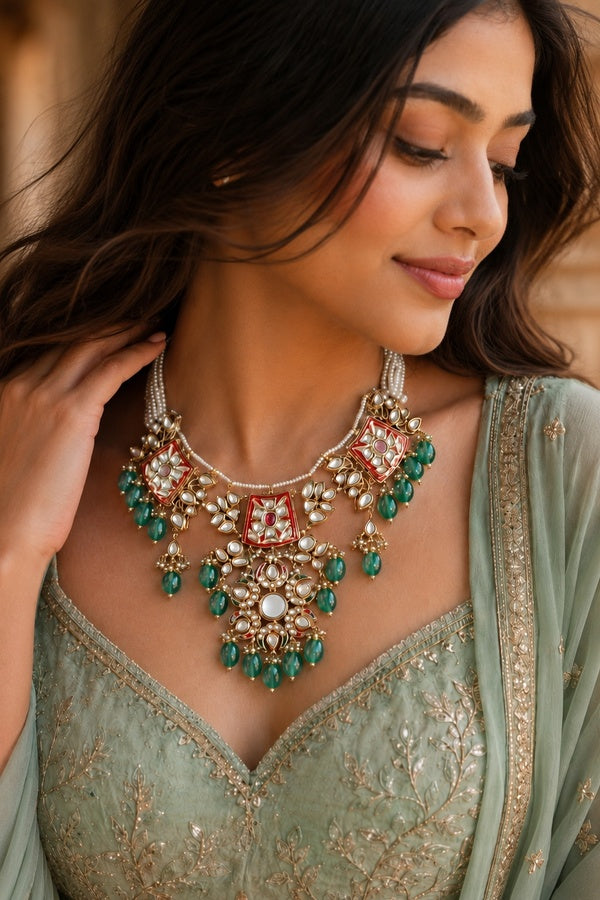 Red & Green Meenakari with Pearls Kundan Choker Necklace