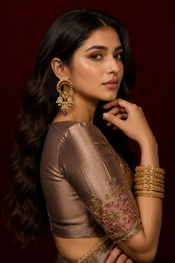 Red Kundan with Amethyst Drop Earrings
