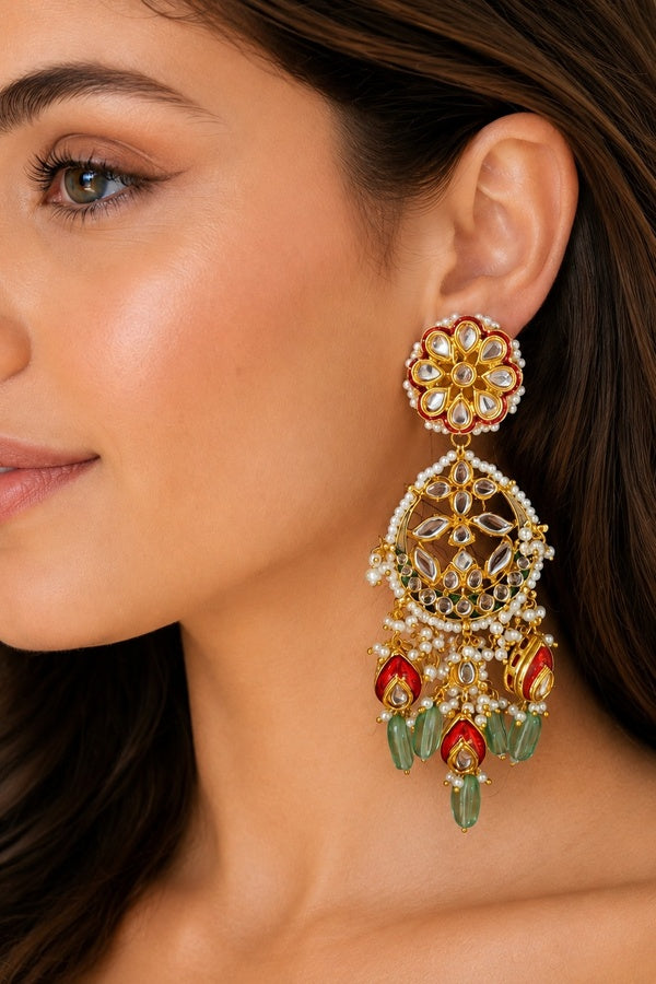 Red & Green Kundan Chandbali Earrings