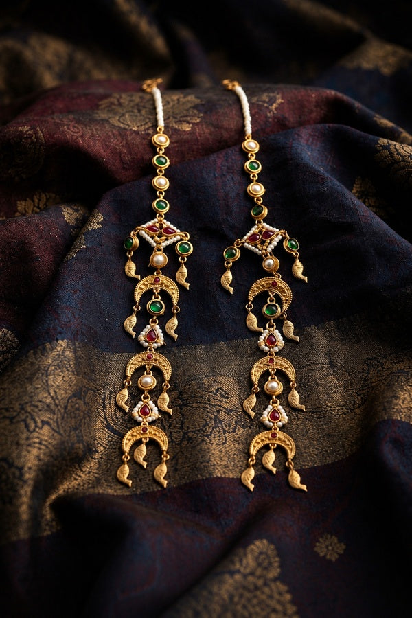 Antique Gold & White Green Kundan Fish Drop Dangler Earrings