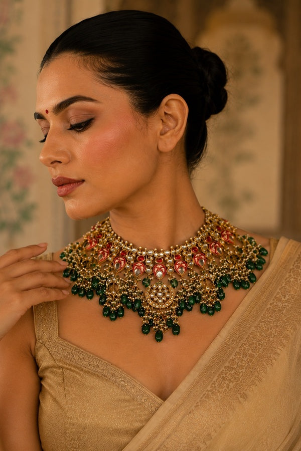 Red & Green Enamred Kundan Choker