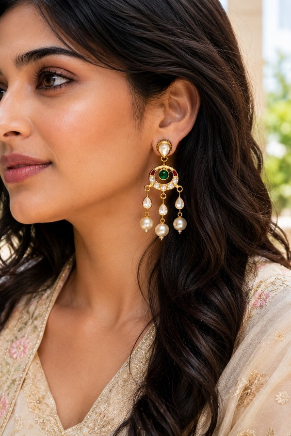 Red & Green Kundan Pearl Drop Dangler Earrings