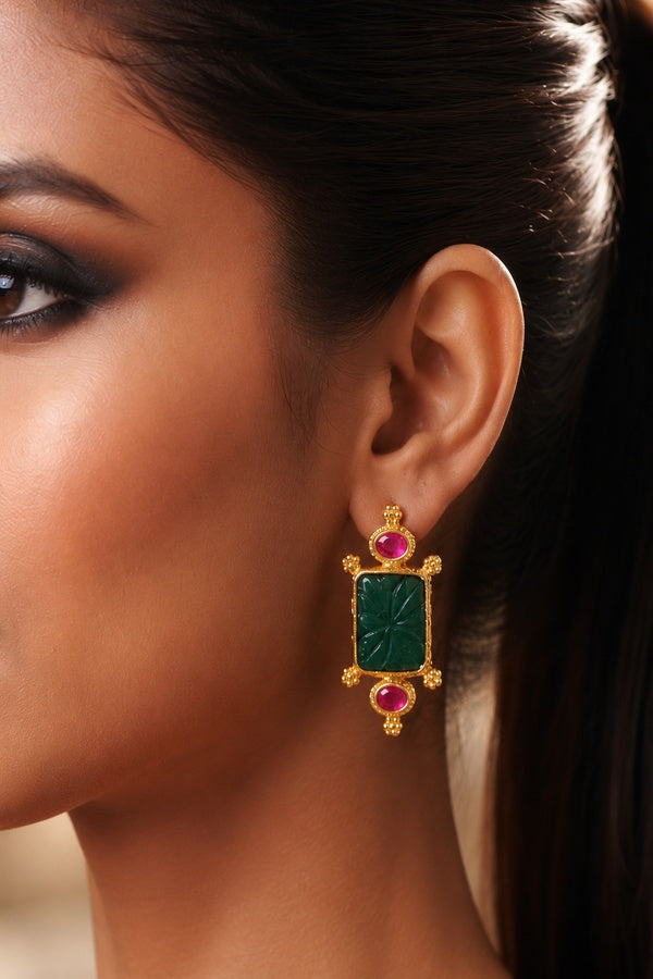 Carved Green Center Pink Kundan Dangler Earrings