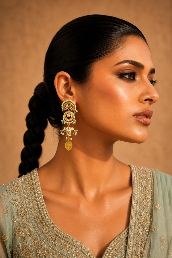 Turqoise Yellow Citrine Chand Kundan Earrings