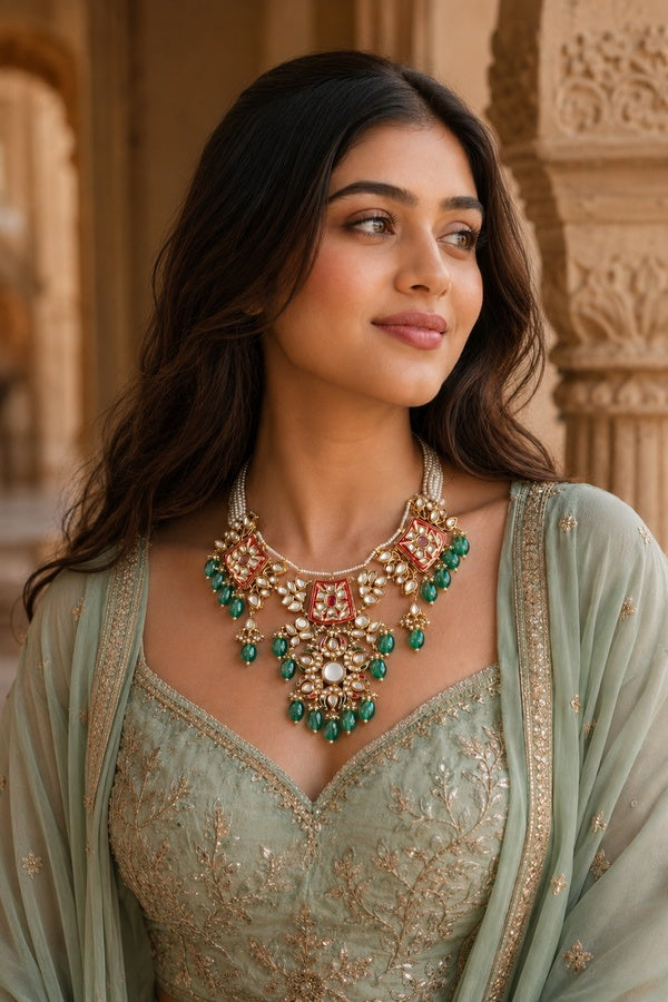 Red & Green Meenakari with Pearls Kundan Choker Necklace
