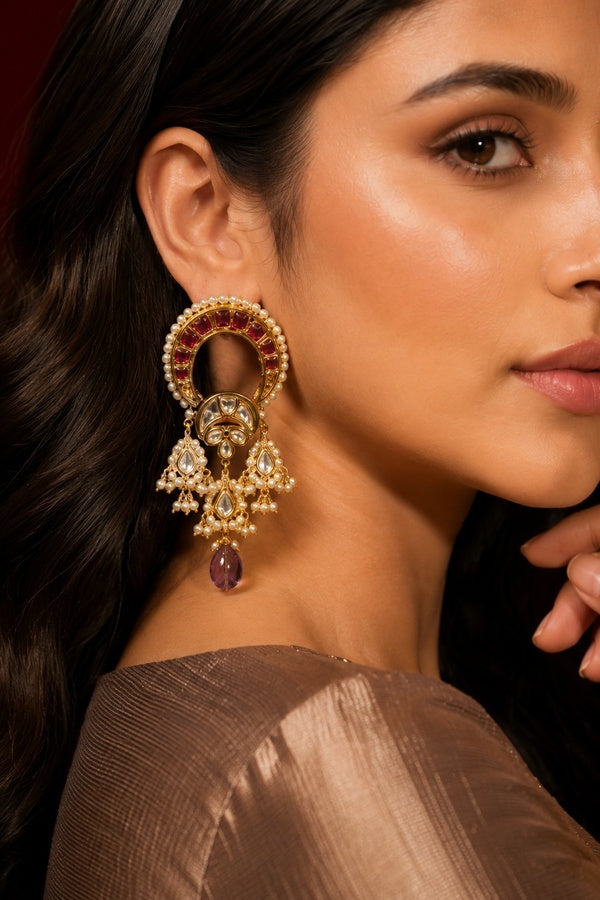 Red Kundan with Amethyst Drop Earrings