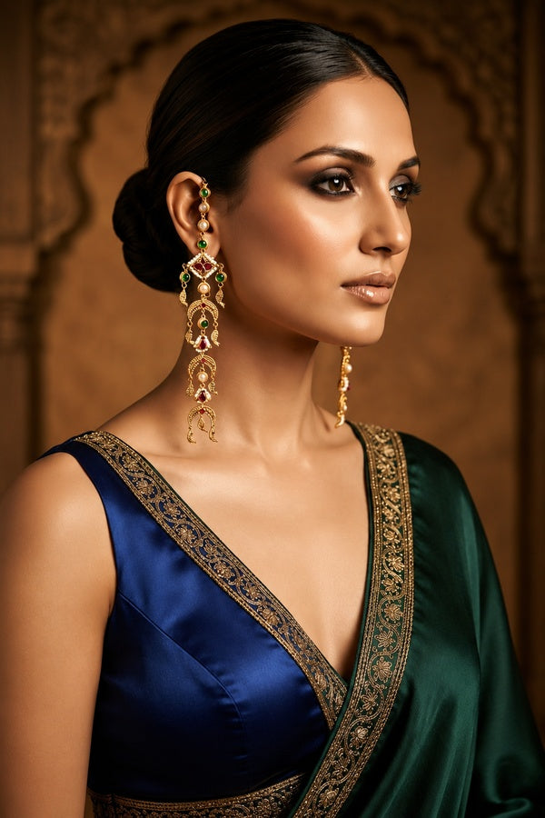 Antique Gold & White Green Kundan Fish Drop Dangler Earrings