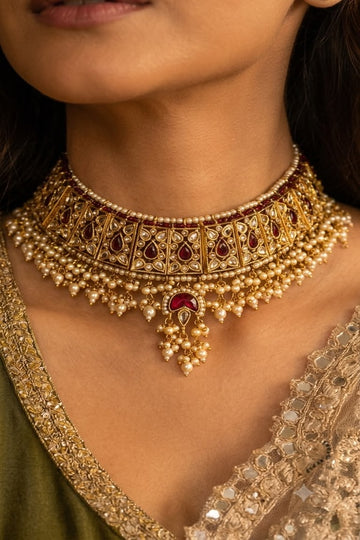 Red Meena Kundan Choker Necklace