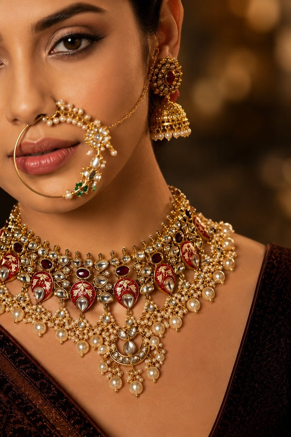 Red Enamel Tukri With Pearls Kundan Enamred Choker