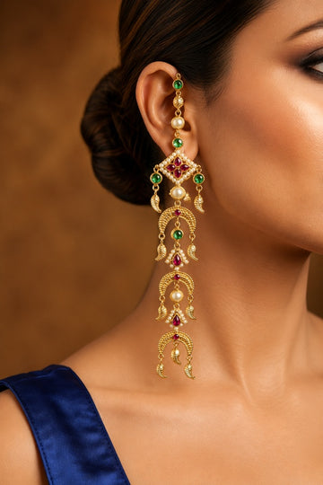 Antique Gold & White Green Kundan Fish Drop Dangler Earrings