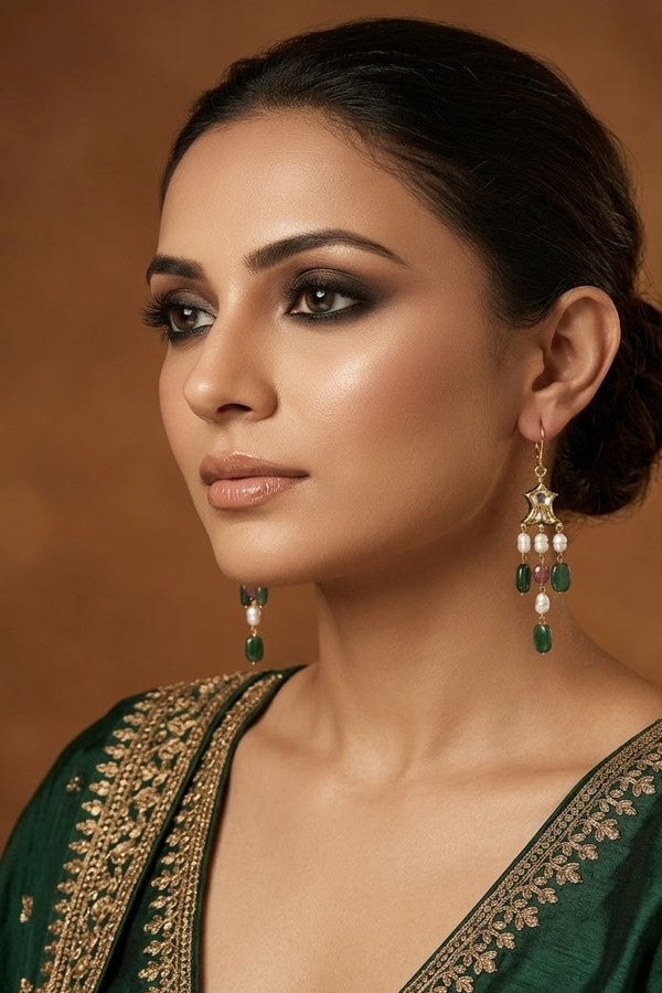 Gold Finish Emerald Tourmaline Pearl Drop Fish Earrings