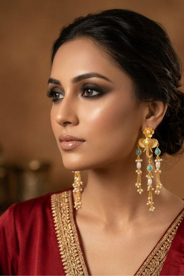 Ethnic Gold Finish Turquoise & Pearls Dangler Earrings