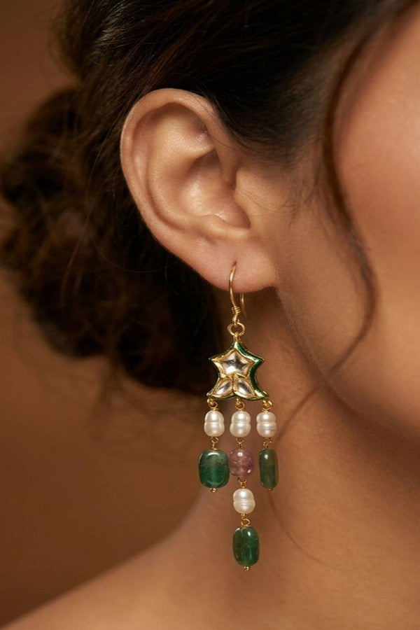 Gold Finish Emerald Tourmaline Pearl Drop Fish Earrings
