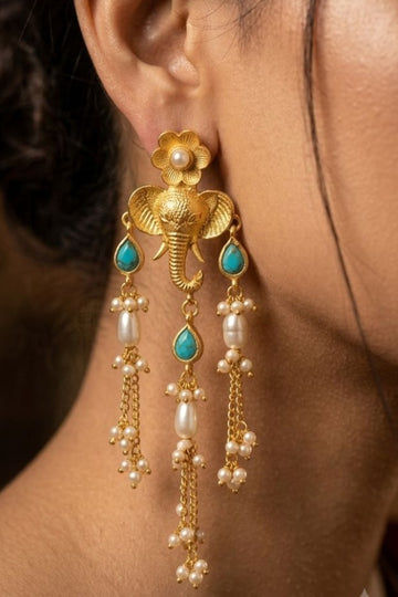 Ethnic Gold Finish Turquoise & Pearls Dangler Earrings