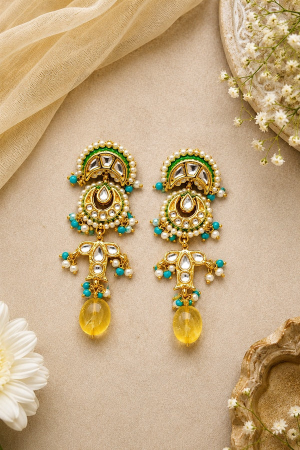 Turqoise Yellow Citrine Chand Kundan Earrings