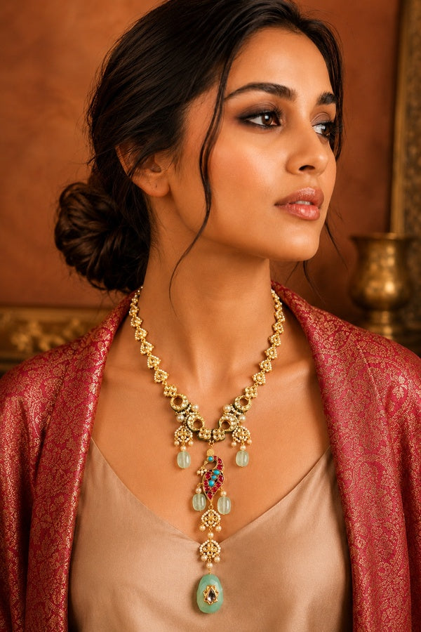 Peacock Kundan Long Necklace With Green Stone Drops
