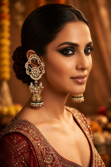 Green Kundan Gold White Green & Red Pearls Jhumki Earrings