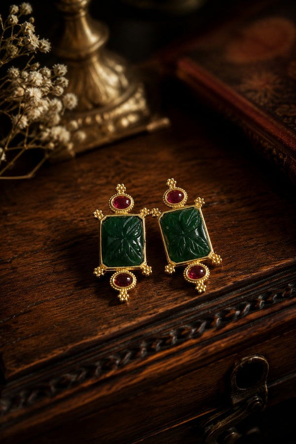 Carved Green Center Pink Kundan Dangler Earrings