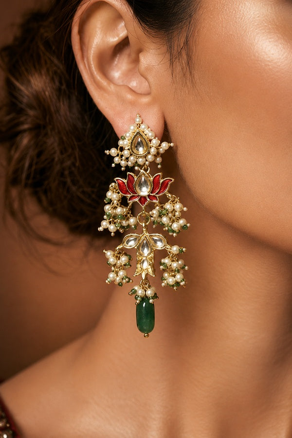 Gold Finish Red Lotus Fish Kundan Emeralds Dangler Earrings