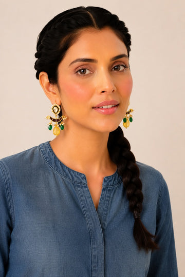 Red Meena Chand Kundan Yellow Citrine Dangler Earrings