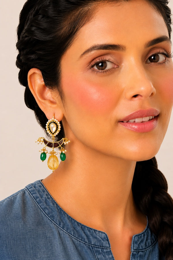 Red Meena Chand Kundan Yellow Citrine Dangler Earrings