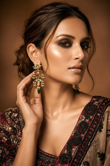 Gold Finish Red Lotus Fish Kundan Emeralds Dangler Earrings
