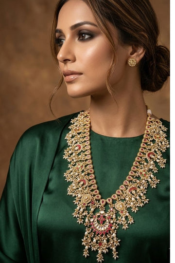Statement Red Green Meena Kundan Necklace