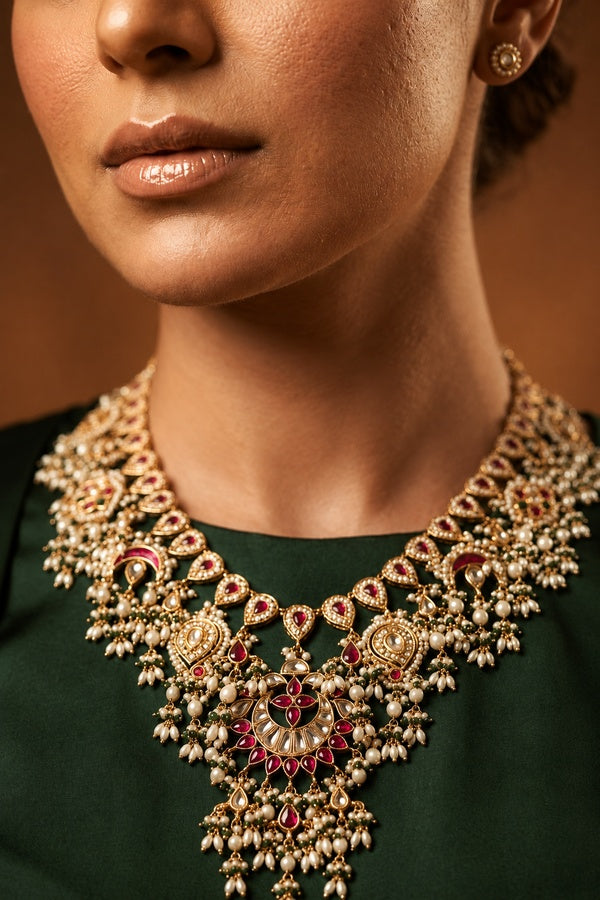 Statement Red Green Meena Kundan Necklace
