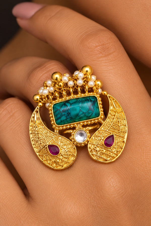 Pink Kundan Turquoise Center Gold Beads Ring