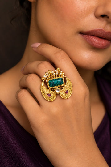 Pink Kundan Turquoise Center Gold Beads Ring
