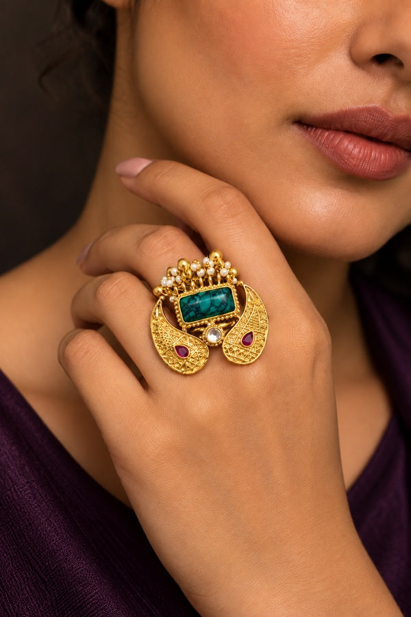 Pink Kundan Turquoise Center Gold Beads Ring