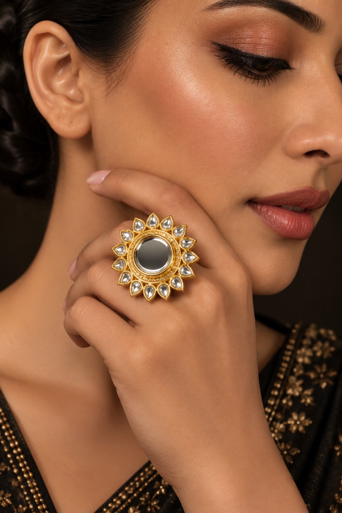 All White Kundan Cocktail Ring