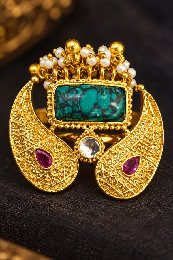 Pink Kundan Turquoise Center Gold Beads Ring
