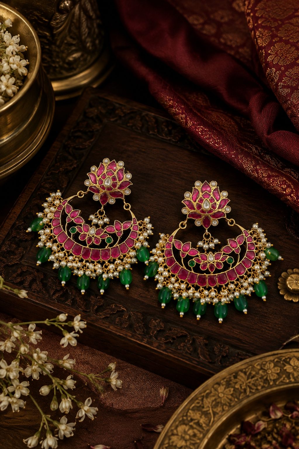 Pink Kundan Jadau Chandbali With Green Drops