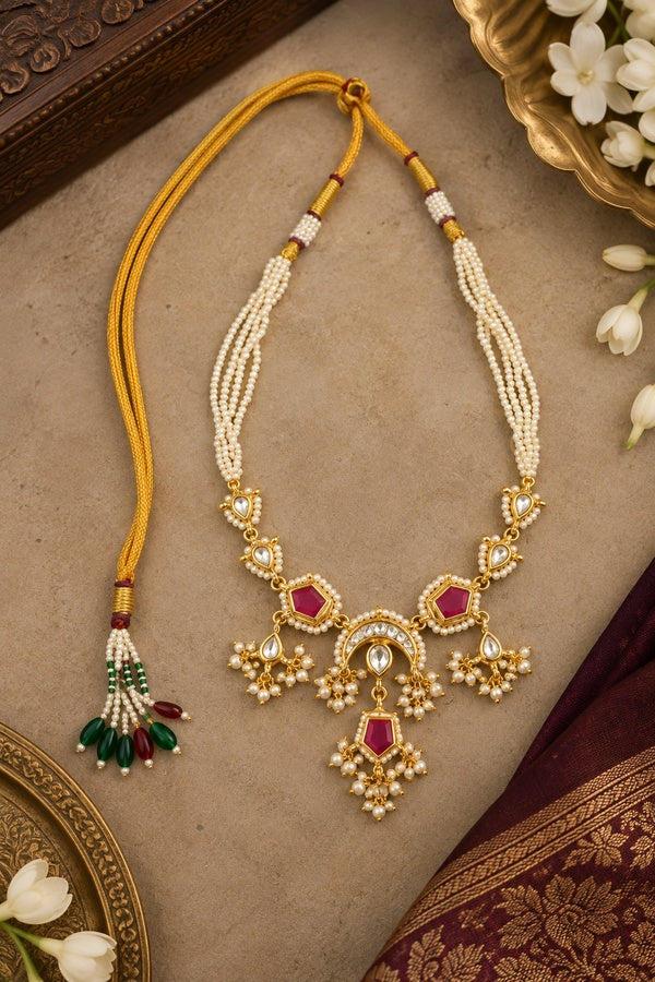 Kundan Red Hexa Drop Pearls Necklace