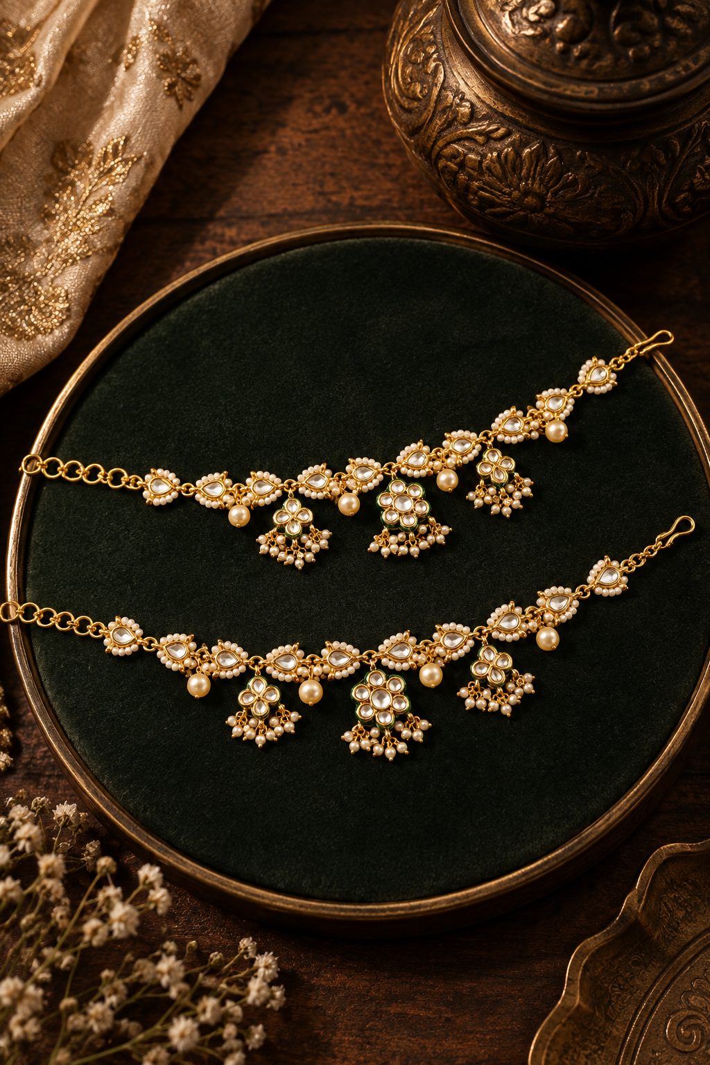 Gold & White Green Meena Flower Kaan Sahara