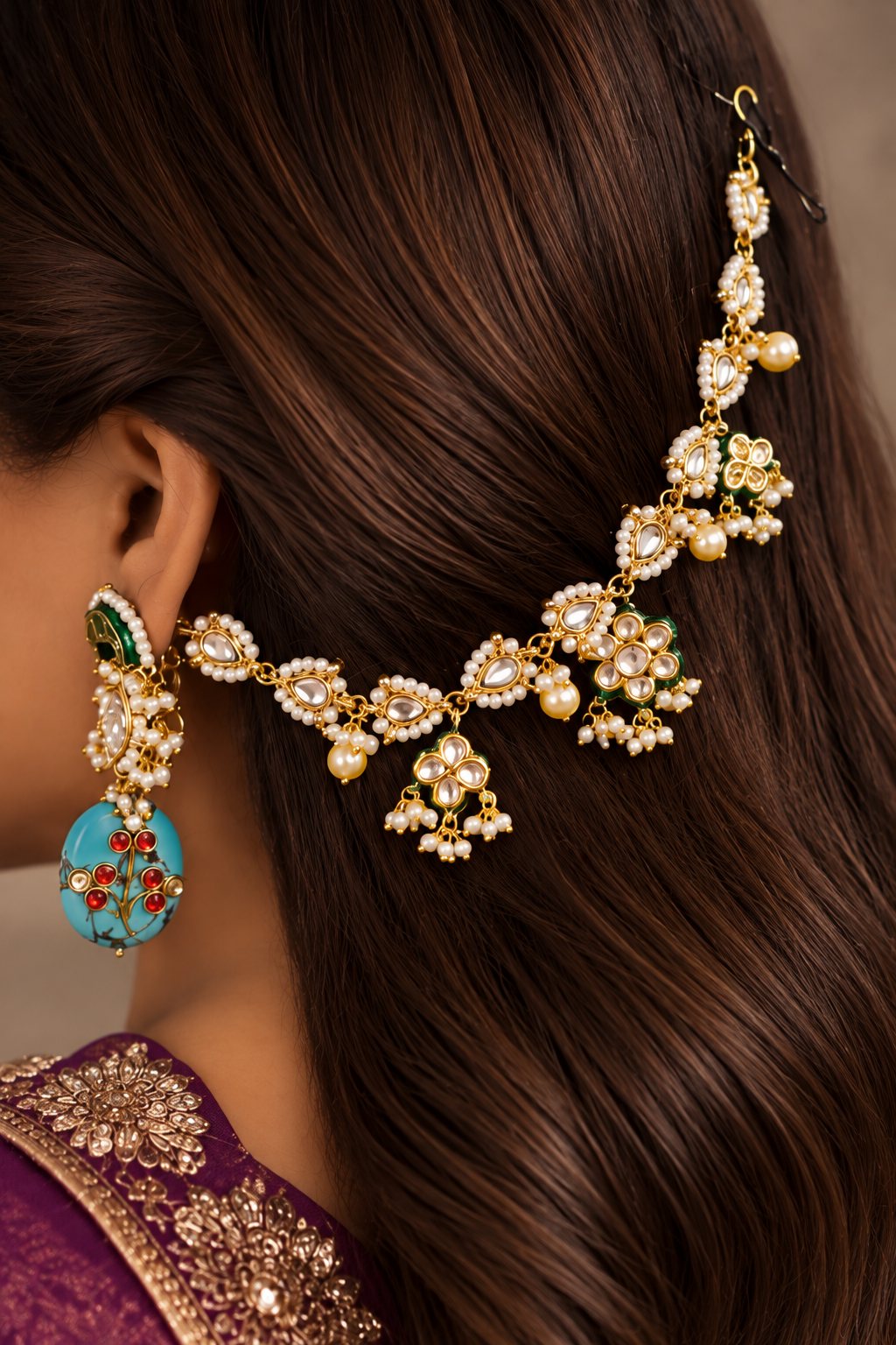 Gold & White Green Meena Flower Kaan Sahara