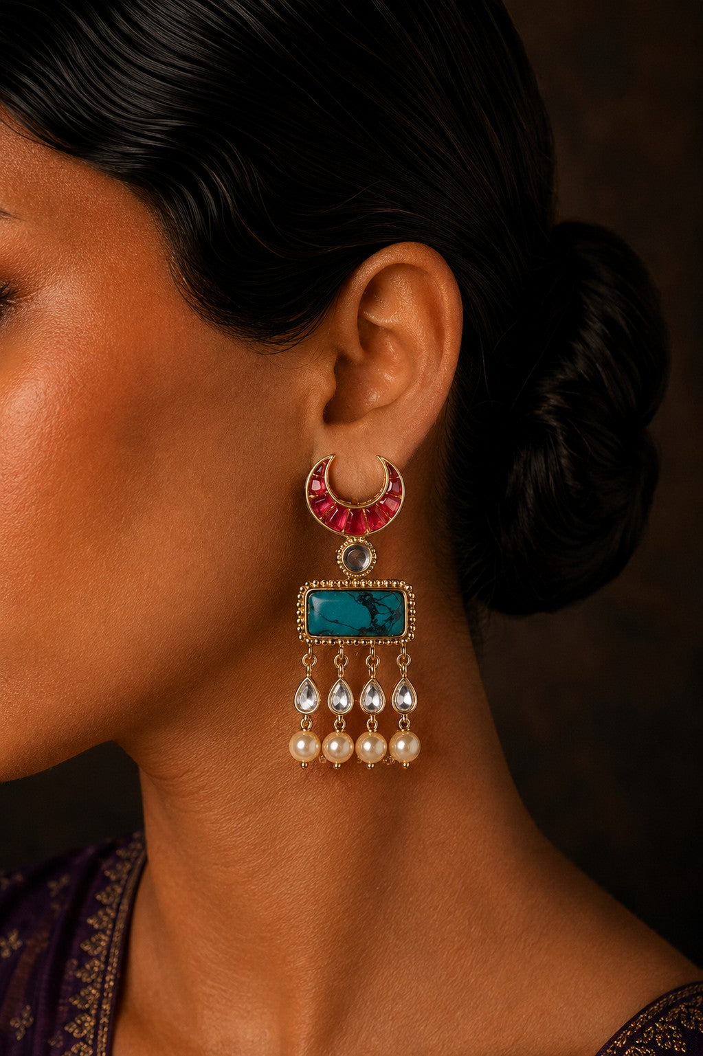 Pink Crescent Turquoise Center Kundan Pearl Drop Earrings
