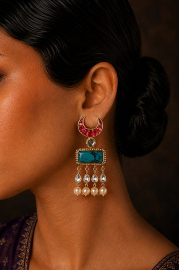Pink Crescent Turquoise Center Kundan Pearl Drop Earrings