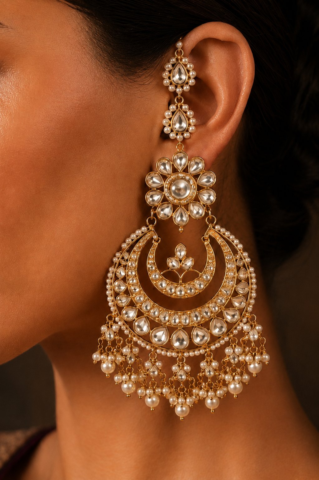 Statement Kundan Gold & White Pearls Chandbali