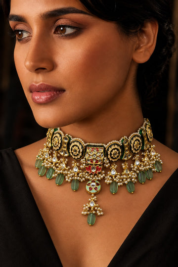 Black Meenakari with Barium Drops Kundan Choker Necklace