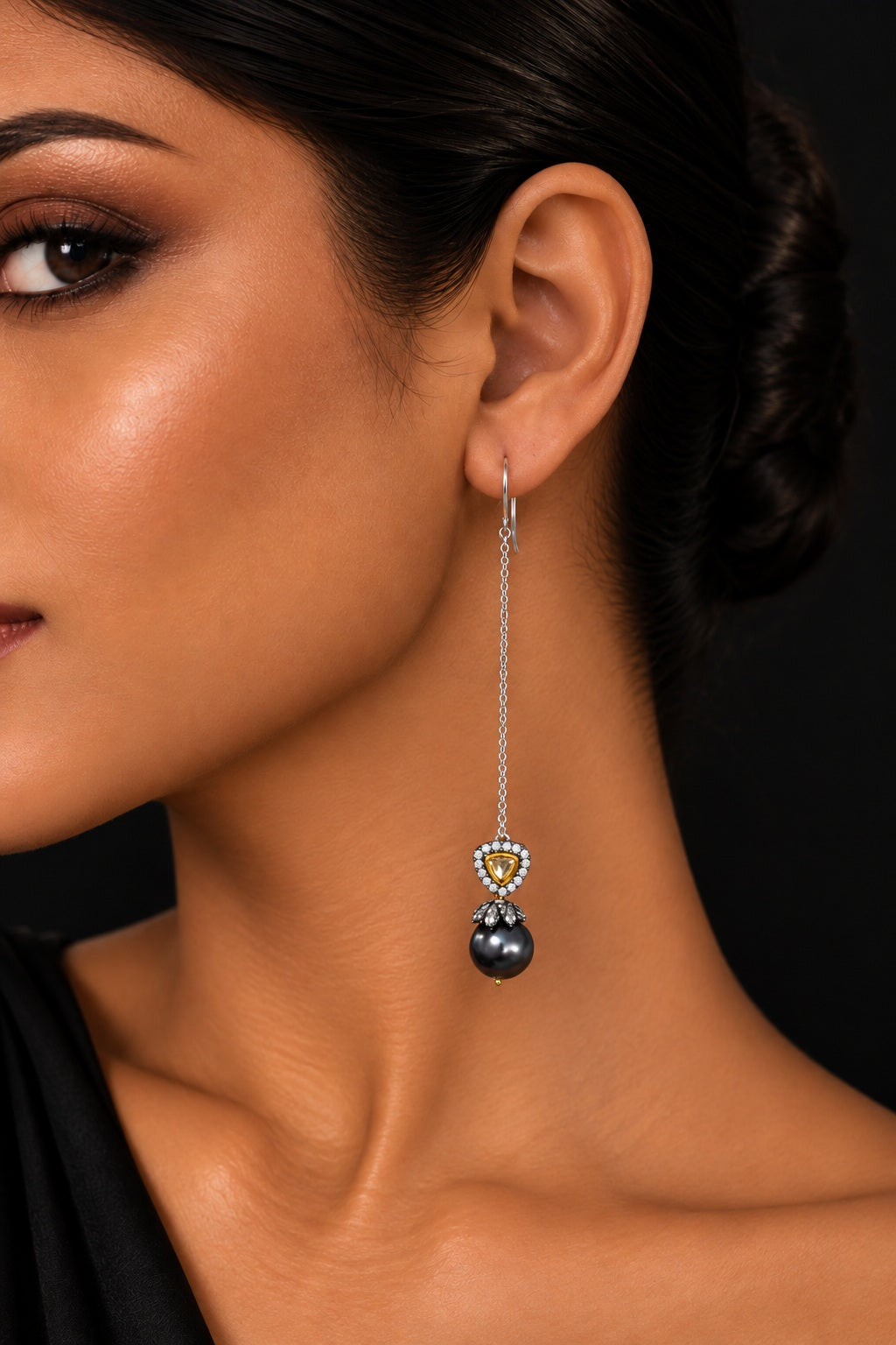 Grey Pearl Long Zirconia Dangler Earrings