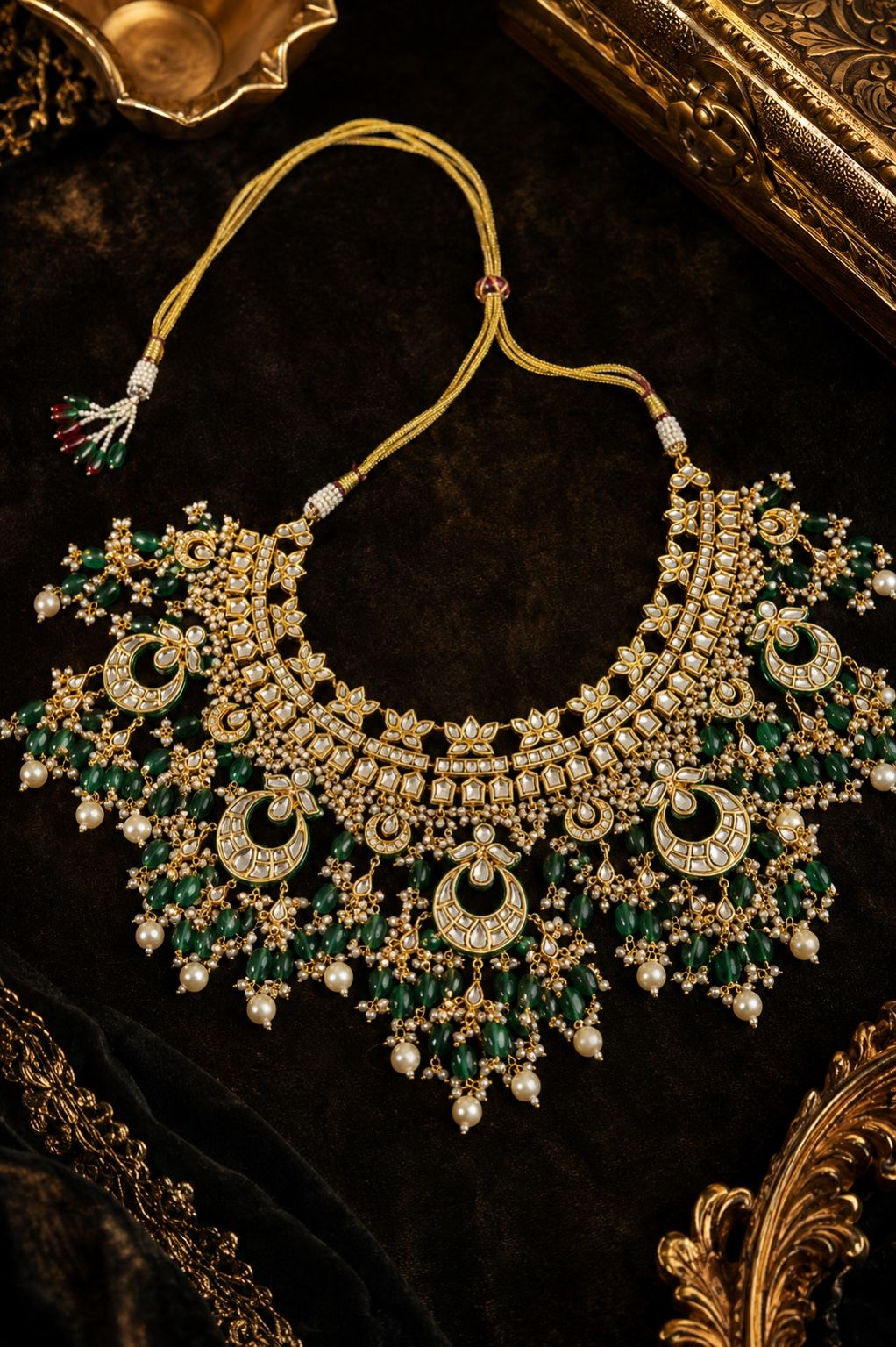 Statement Gold Green Emeralds & Pearls Choker Necklace