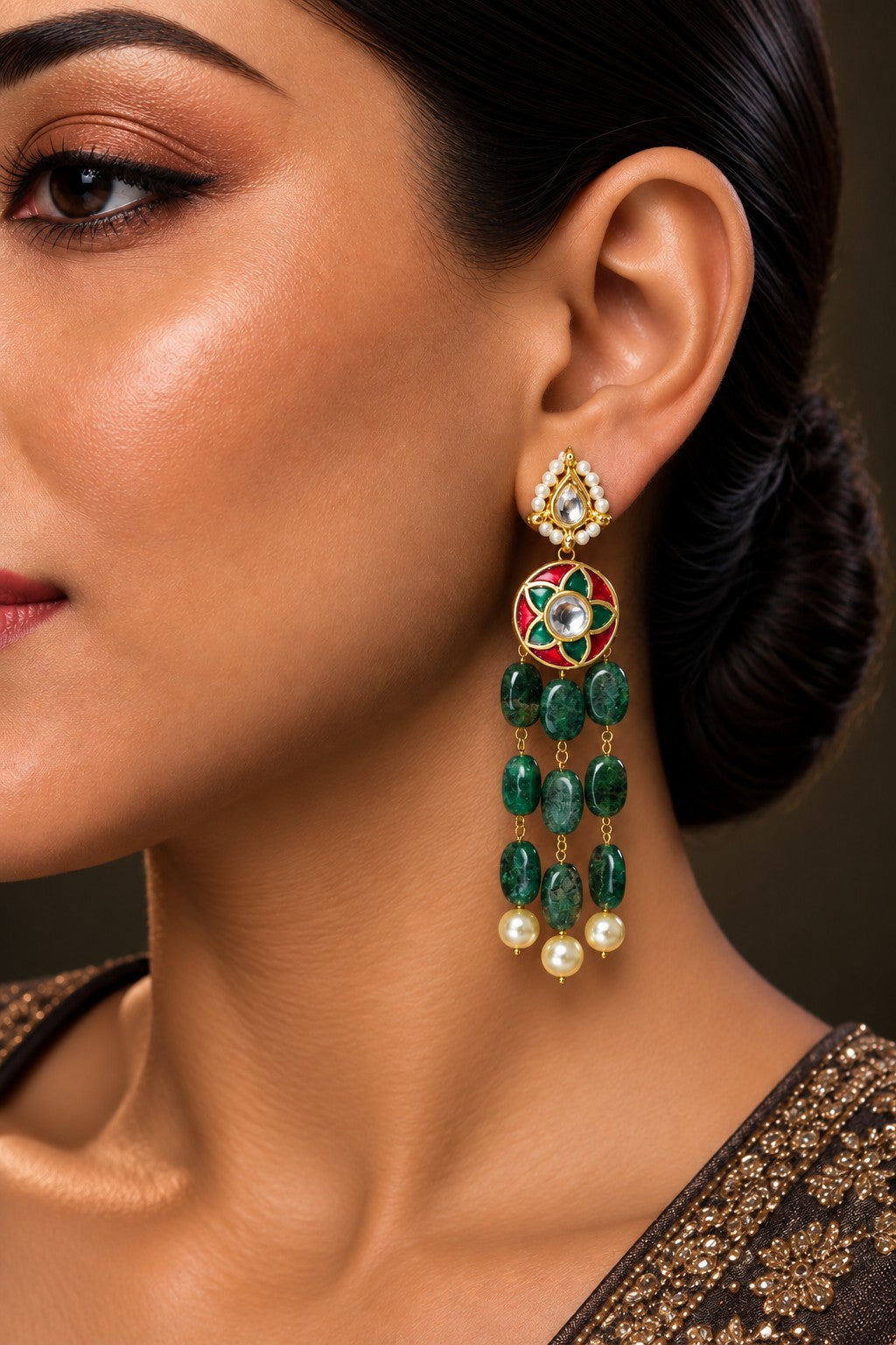 Red & Green Floret Emeralds Earrings