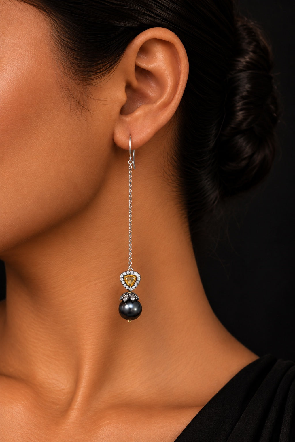 Grey Pearl Long Zirconia Dangler Earrings