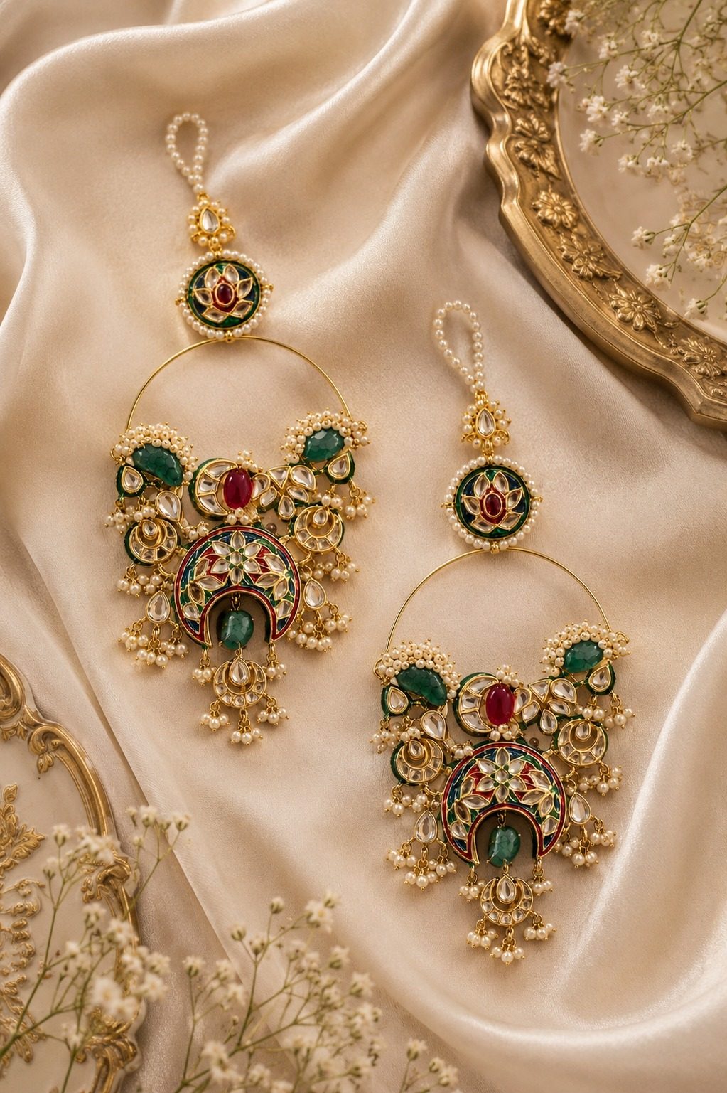 Multi Meena Kundan Chandbali With Green Drop
